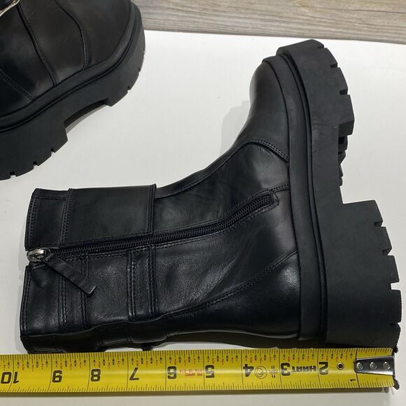 ZARA Chunky Lug Sole Ankle Boots Black Leather Buckles Side Zip Moto Y2K Size 8 - Picture 9 of 10
